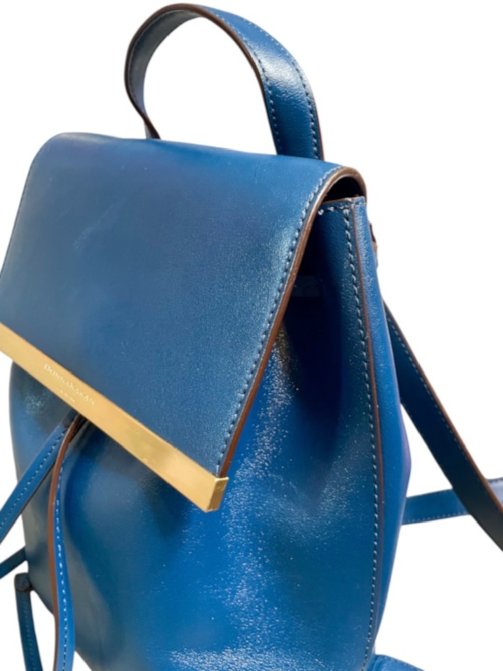 Donna Karan Blue Leather Drawstring Backpack with Gold Bar Accent & Snap Closure - Picture 5 of 8